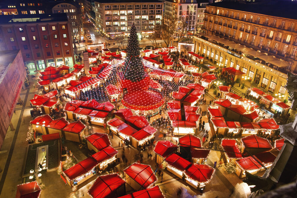 Picture shows a cosy and inviting Christmas market in Cologne Germany.