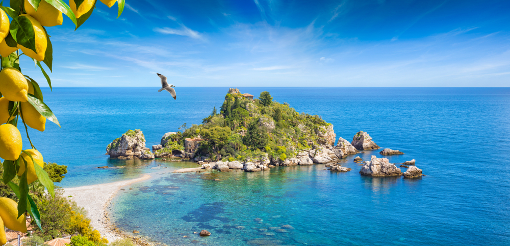 Picture shows azure seas and blue skies on the coast of Sicily, Italy. A lemon tree stands on the left of the picture, and a small island covered with plants is in the centre of the image.