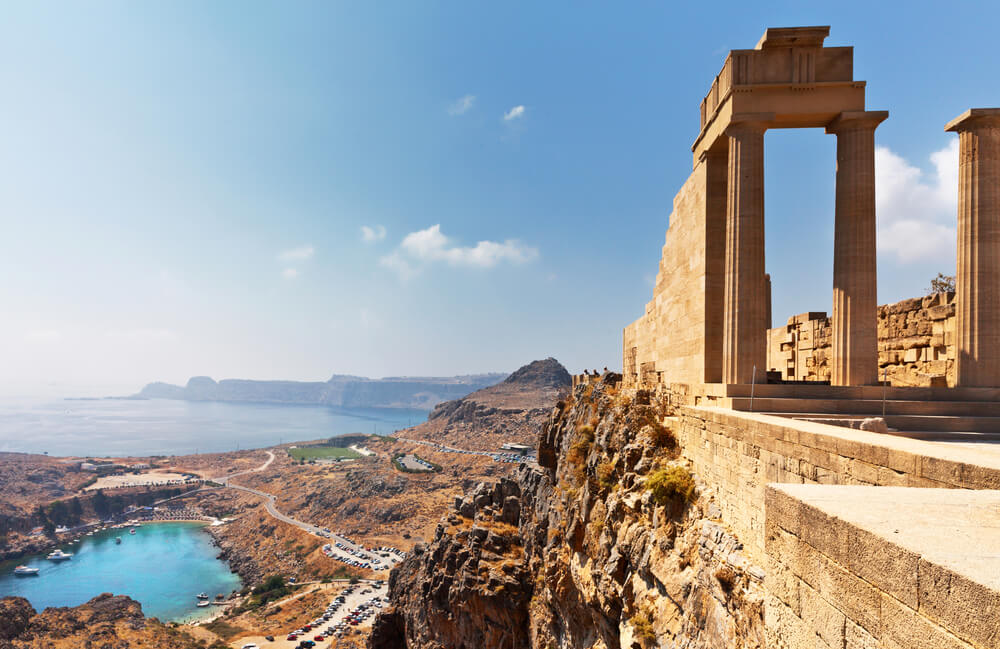 Greece. Rhodes Island. Acropolis of Lindos. View from the height of the ancient temple of Athena Lindia IV century BC to St. Paul's Bay in the form of the heart