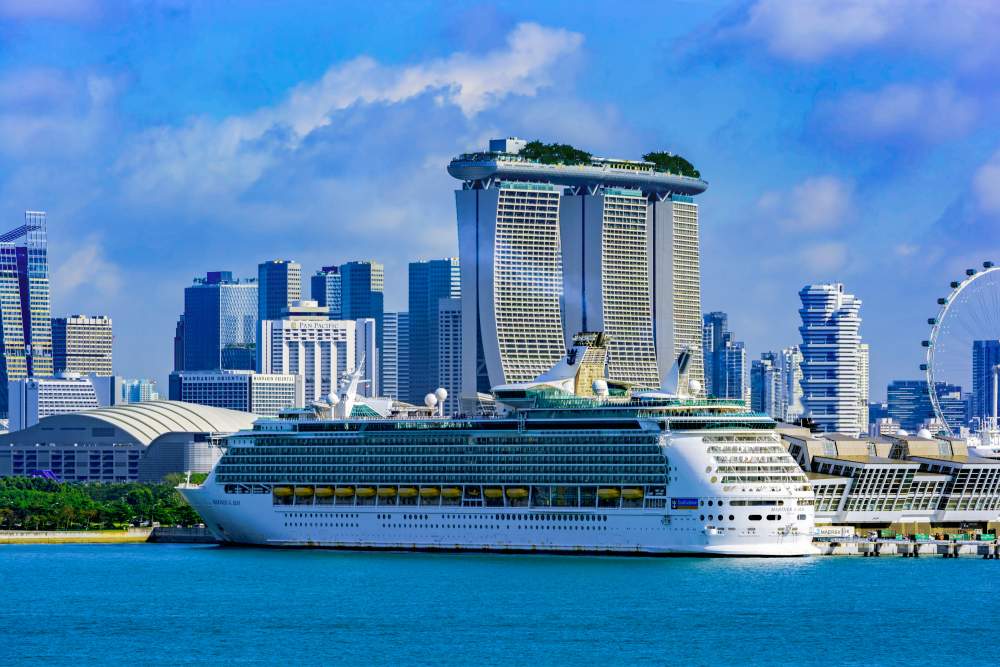 AllClear customers The Cook family enjoying a cruise passenger ship 'Mariner of the Seas' from Royal Caribbean International berthed at Marina Bay in Singapore