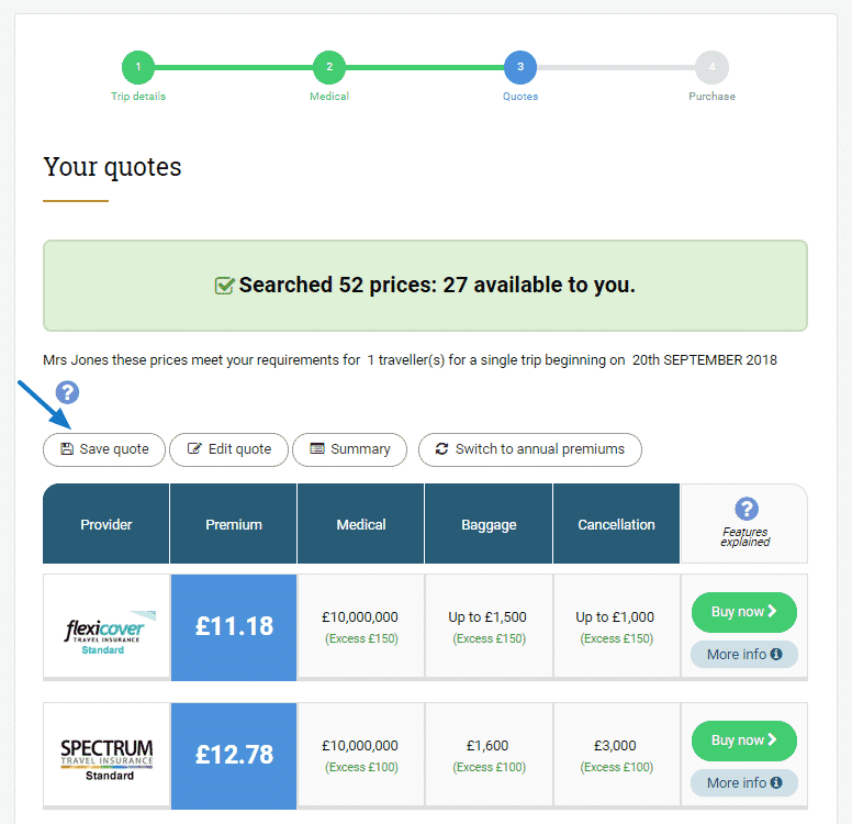 Saving, retrieving or printing your quotes: How to save quote