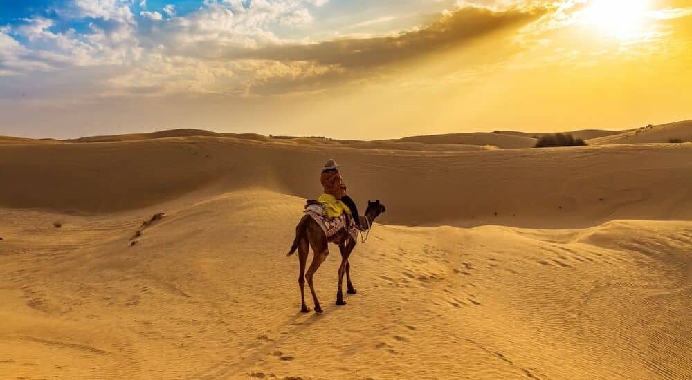 The-Best-Desert-Holiday-Destinations-on-Earth-camel-riding-through-the-Thar-Desert | AllClear Travel Blog 