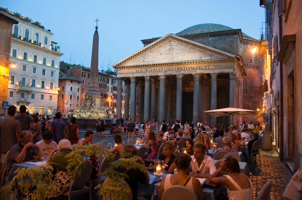 dinner at night outside the famous Pantheon in Rome